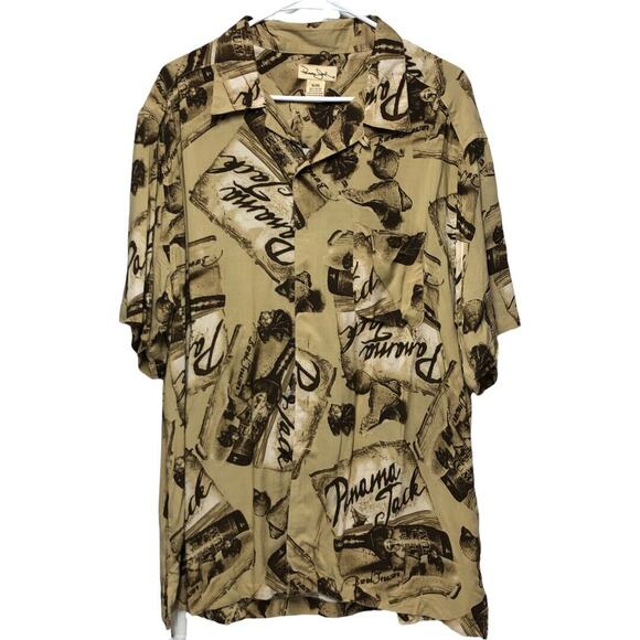 Panama Jack Mens XL Button Up Shirt Camp Collared Short Sleeve Beige Rayon - Picture 1 of 12